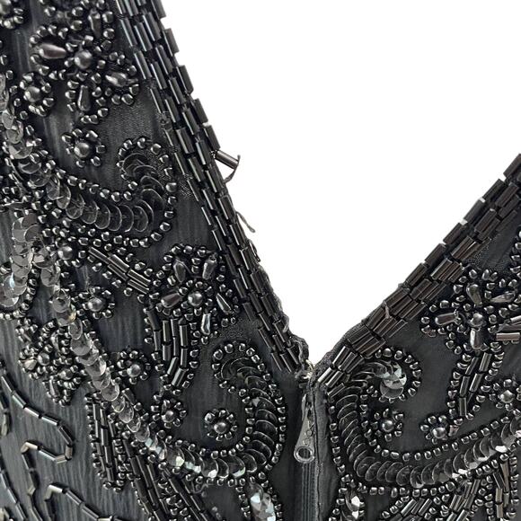 VINTAGE 80s Dress Womens PM Petite Medium Black Beaded Maxi Silk Retro - Picture 13 of 13